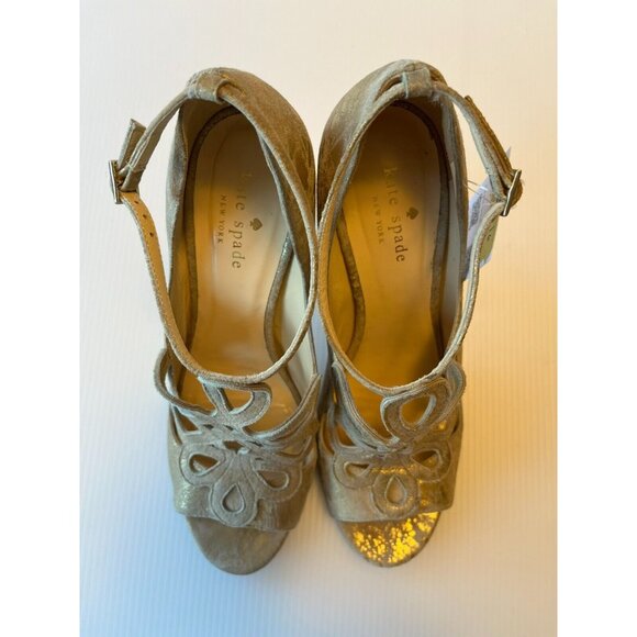 Kate Spade Gold Crackled Leather Strappy Peep Toe Heels, Size 8.5 (US) - Picture 3 of 11